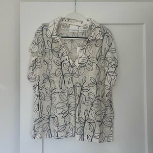 Cynthia Rowley Cream Linen Sleeveless Blouse with Black Leaf Outline XL